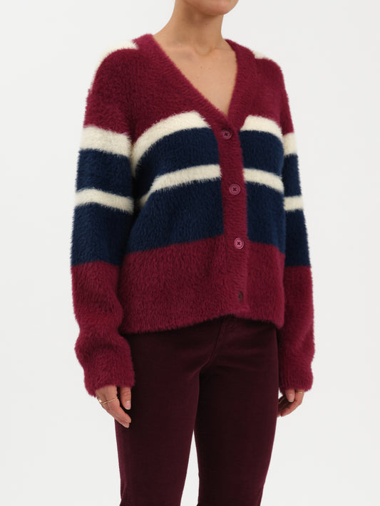 Bleeker Fuzzy Cardigan in Fig Multi Stripe