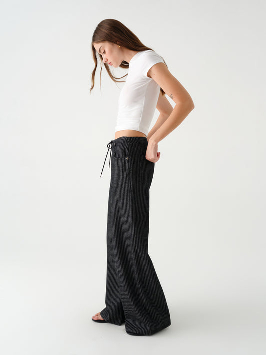 Madison Mid Rise Wide Leg in Black Natural Pinstripe