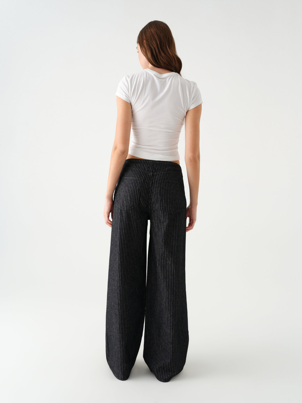Madison Mid Rise Wide Leg in Black Natural Pinstripe