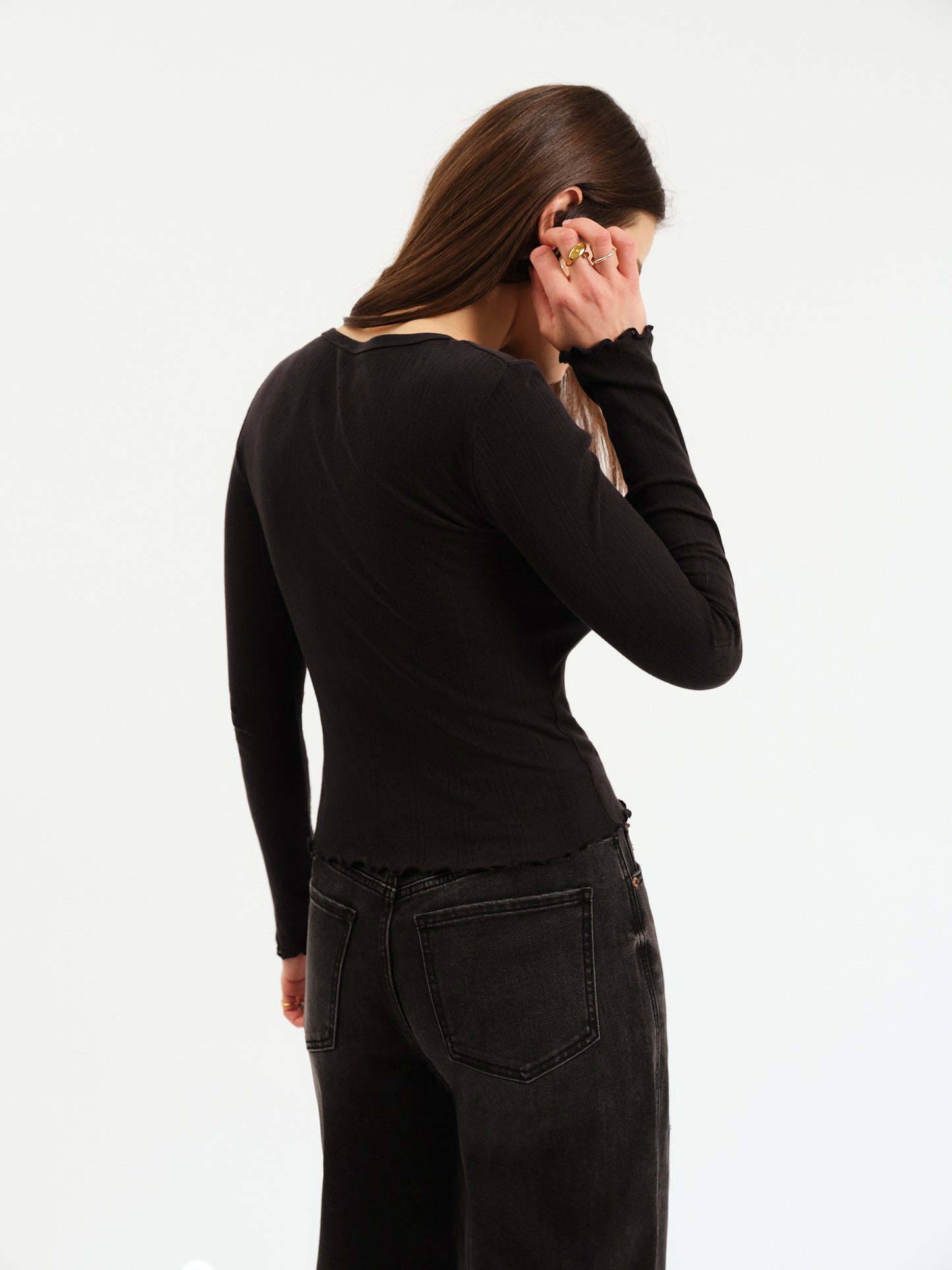 Bunny V-Neck Pointelle Henley in Black