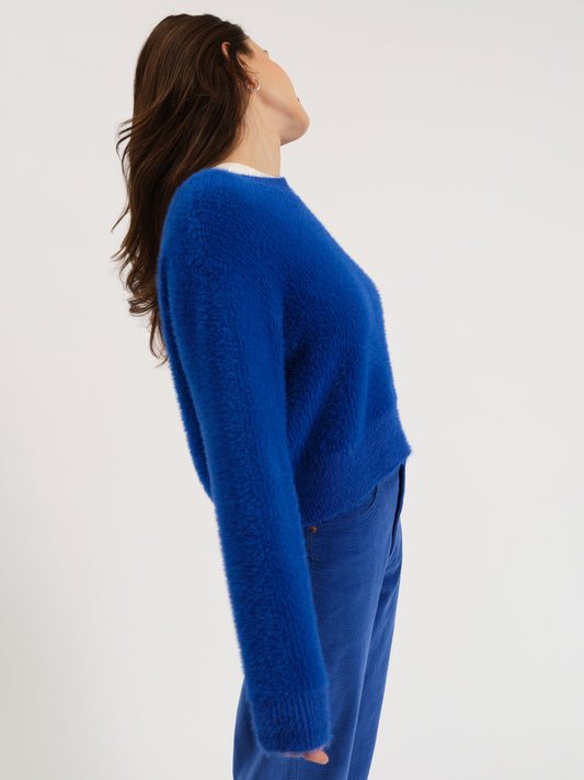 Fuzz Crewneck Eyelash Sweater in Cobalt