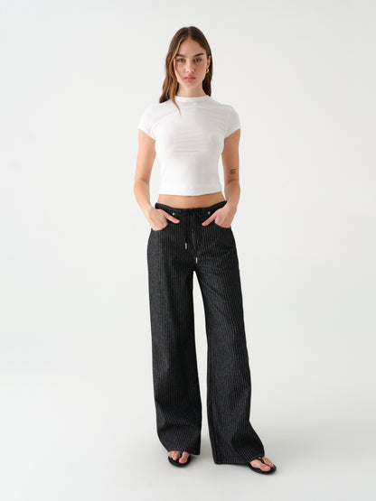 Madison Mid Rise Wide Leg in Black Natural Pinstripe