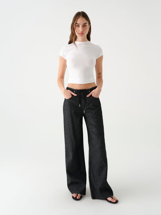 Madison Mid Rise Wide Leg in Black Natural Pinstripe
