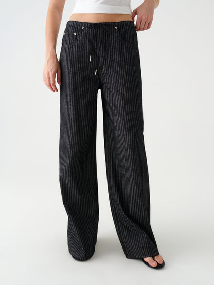 Madison Mid Rise Wide Leg in Black Natural Pinstripe