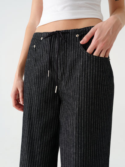 Madison Mid Rise Wide Leg in Black Natural Pinstripe