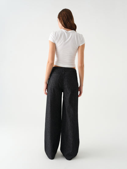 Madison Mid Rise Wide Leg in Black Natural Pinstripe