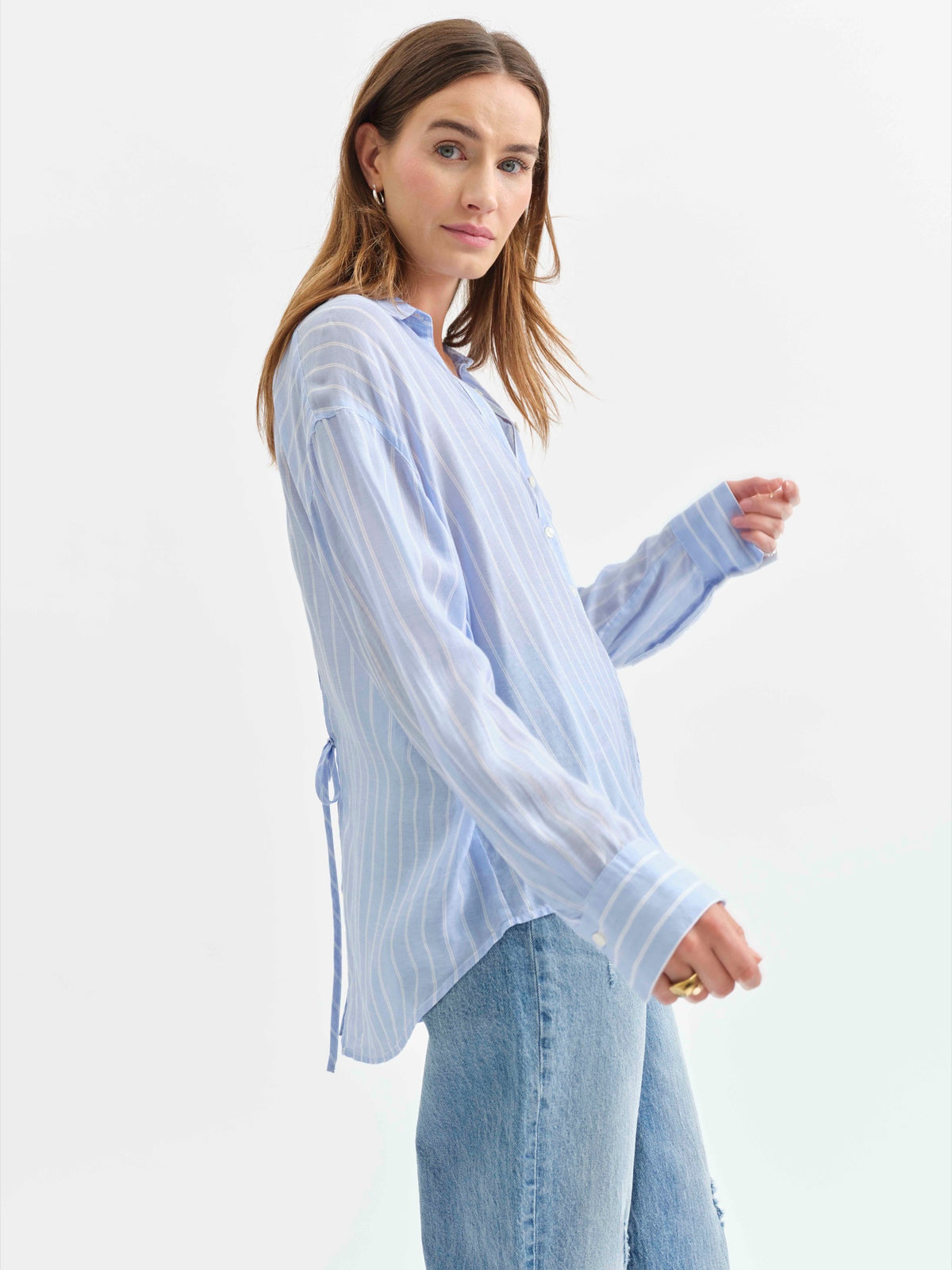 Lotus Back Tie Long Sleeve Shirt in Castle Stripe