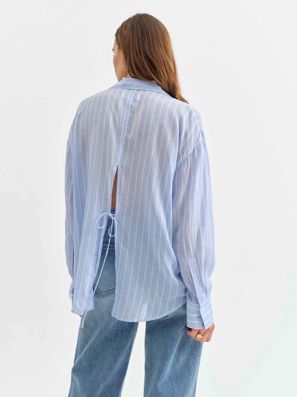 Lotus Back Tie Long Sleeve Shirt in Castle Stripe