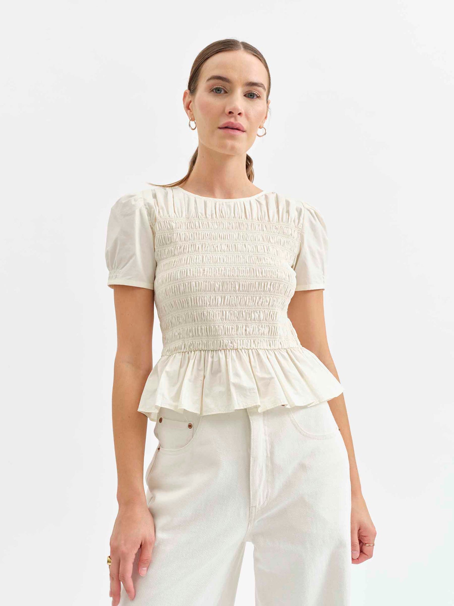 Chole Smocked Top in Cloud Dancer