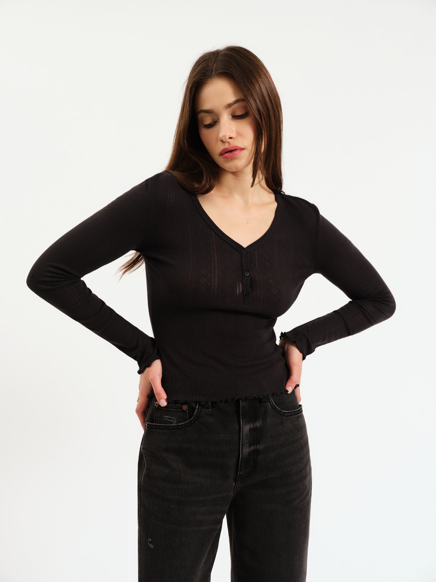 Bunny V-Neck Pointelle Henley in Black