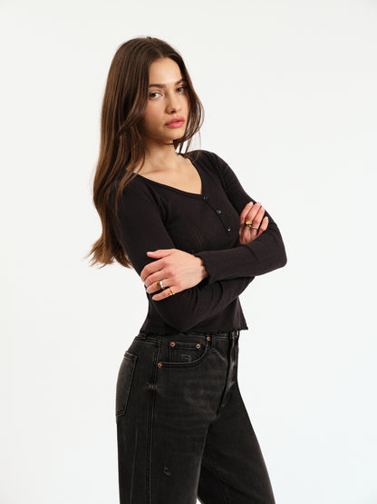 Bunny V-Neck Pointelle Henley in Black