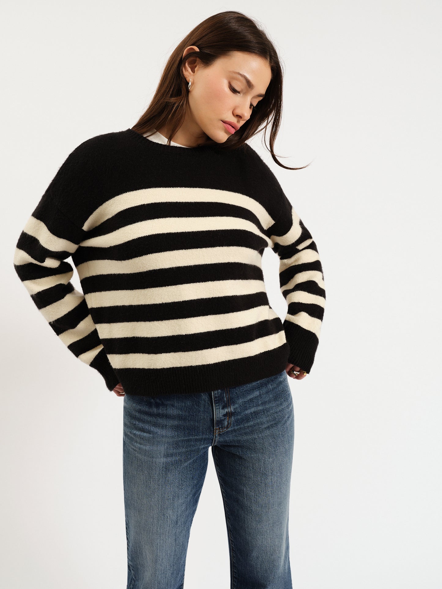 Carlyle Crewneck Sweater in Black Ivory Stripe