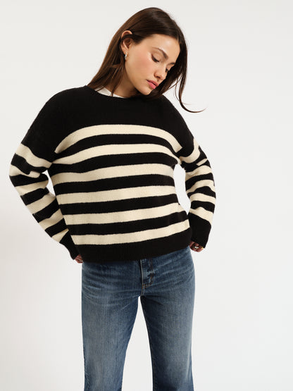 Carlyle Crewneck Sweater in Black Ivory Stripe