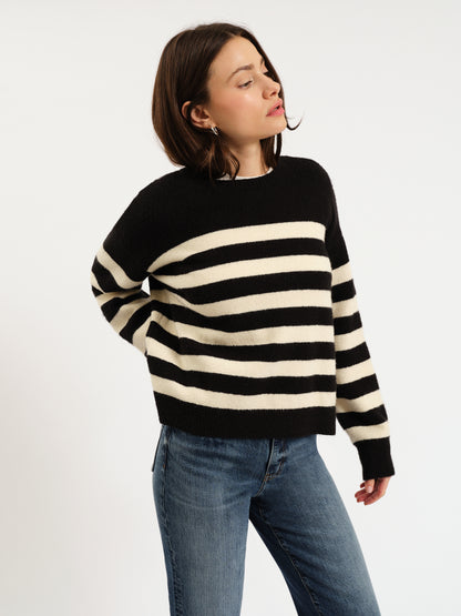 Carlyle Crewneck Sweater in Black Ivory Stripe