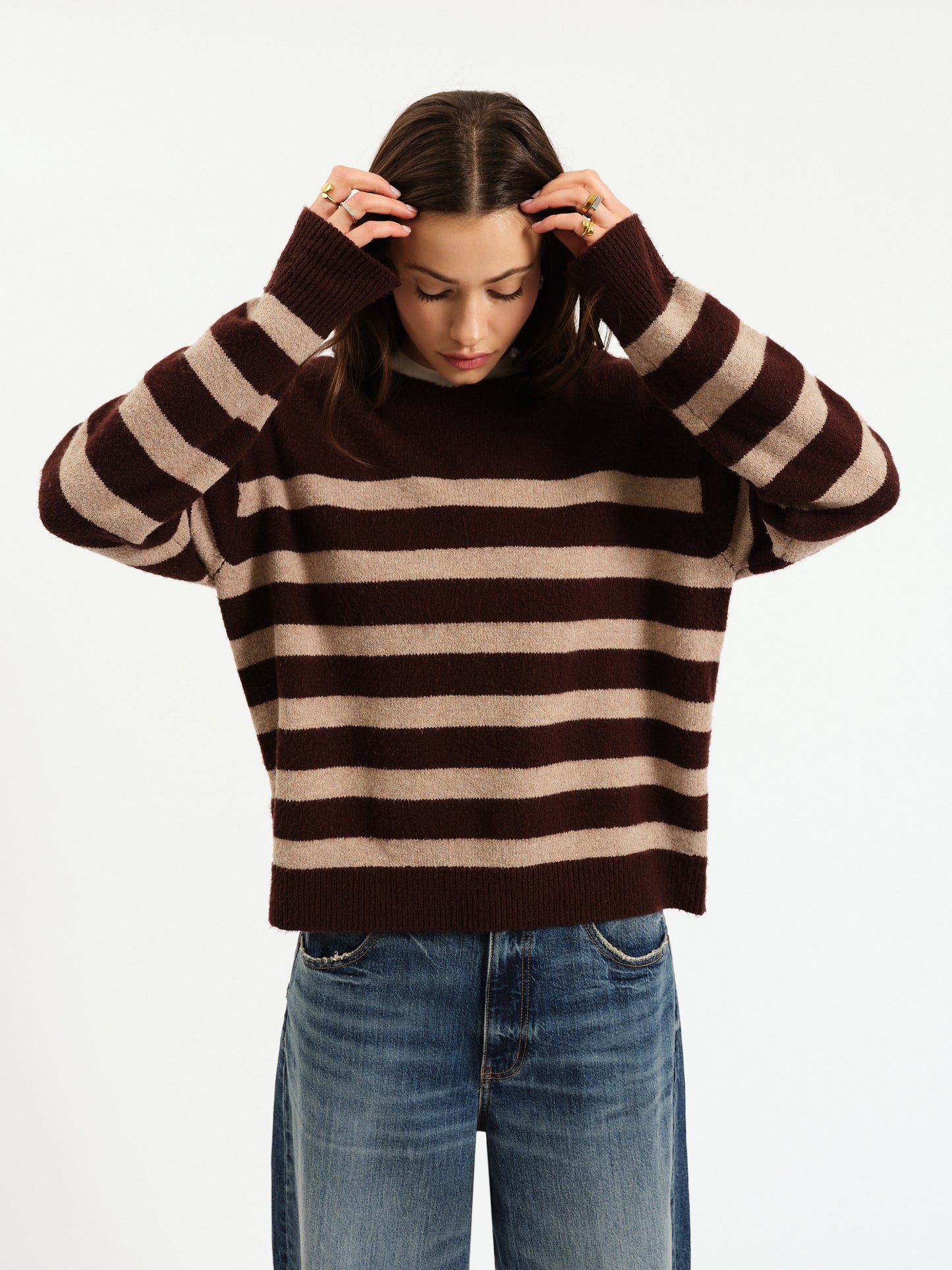 Carlyle Crewneck Sweater in Brown Oat Stripe