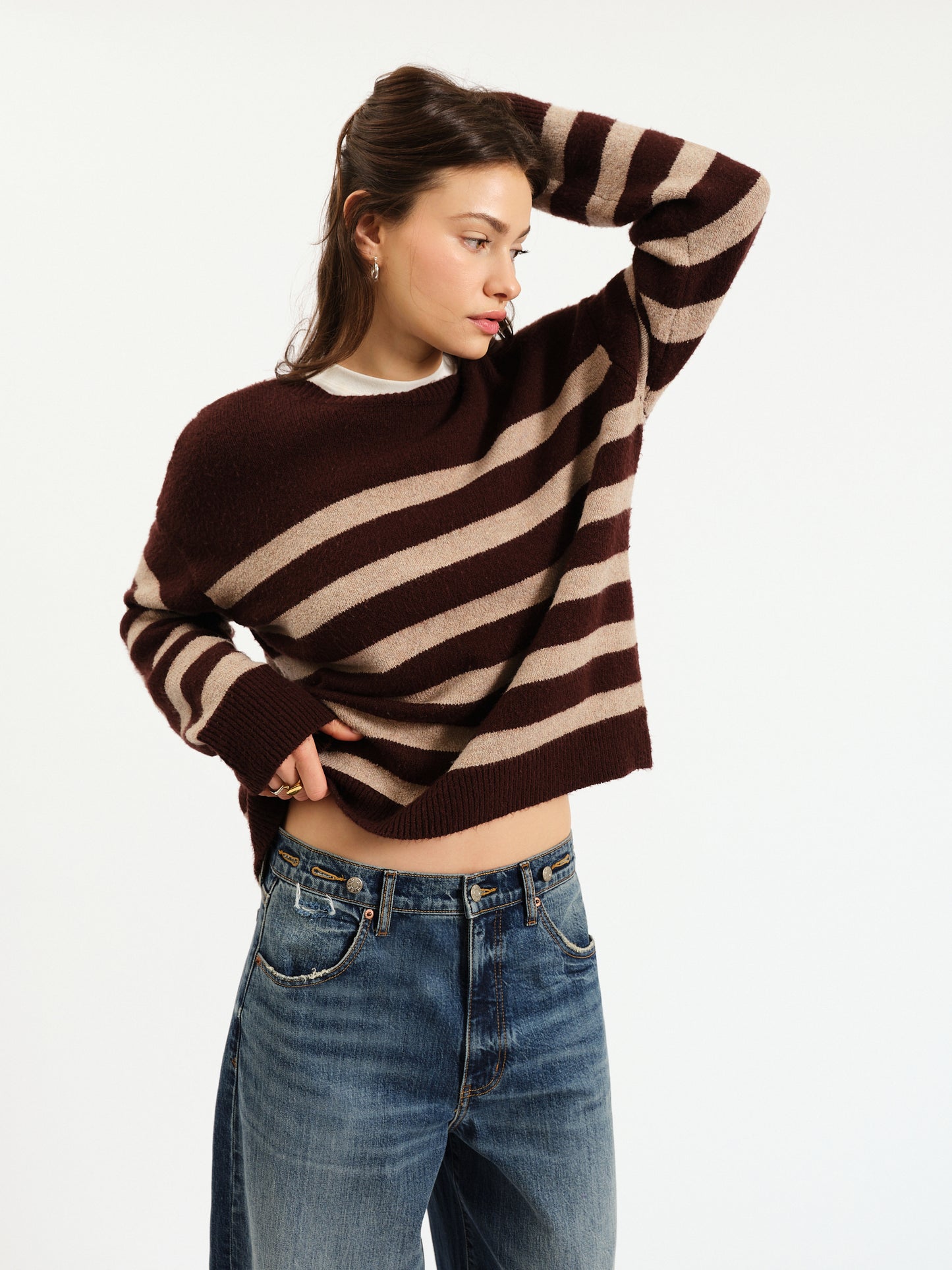 Carlyle Crewneck Sweater in Brown Oat Stripe
