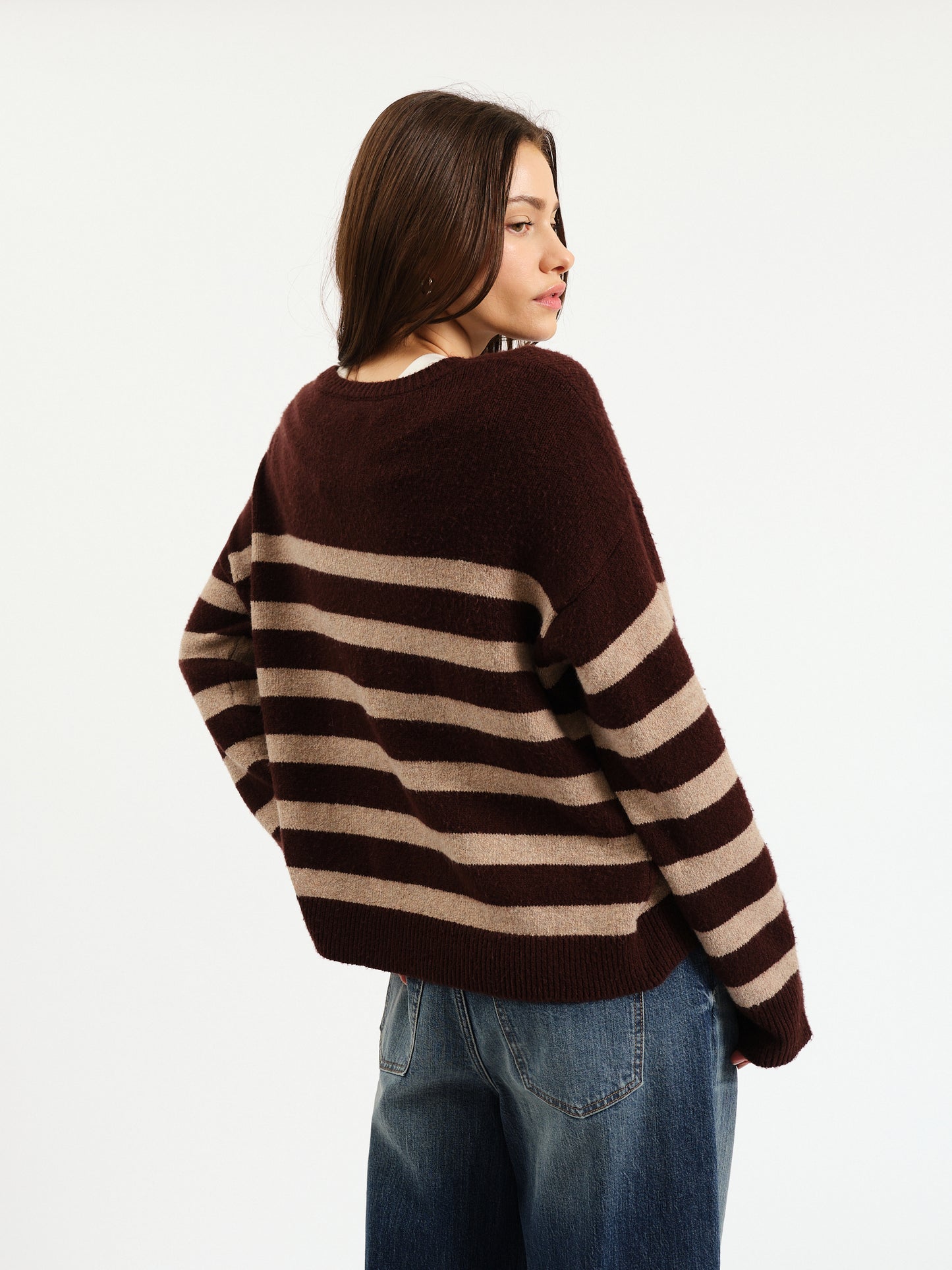 Carlyle Crewneck Sweater in Brown Oat Stripe