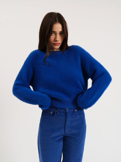 Fuzz Crewneck Eyelash Sweater in Cobalt