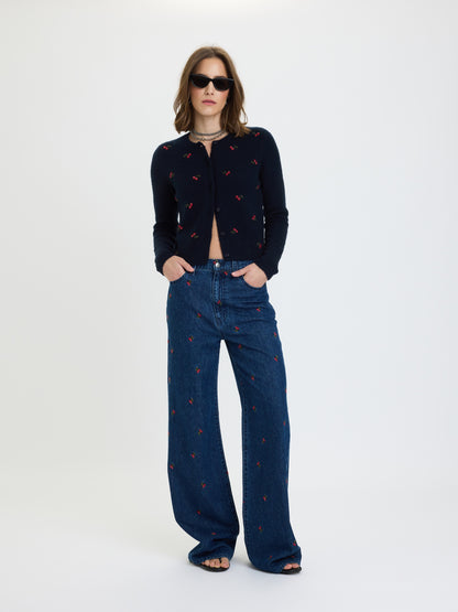 Muse Embroidered Fitted Cardigan in Cherry