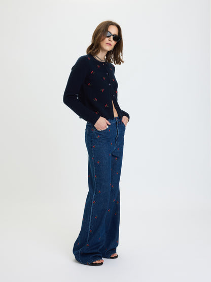 Muse Embroidered Fitted Cardigan in Cherry