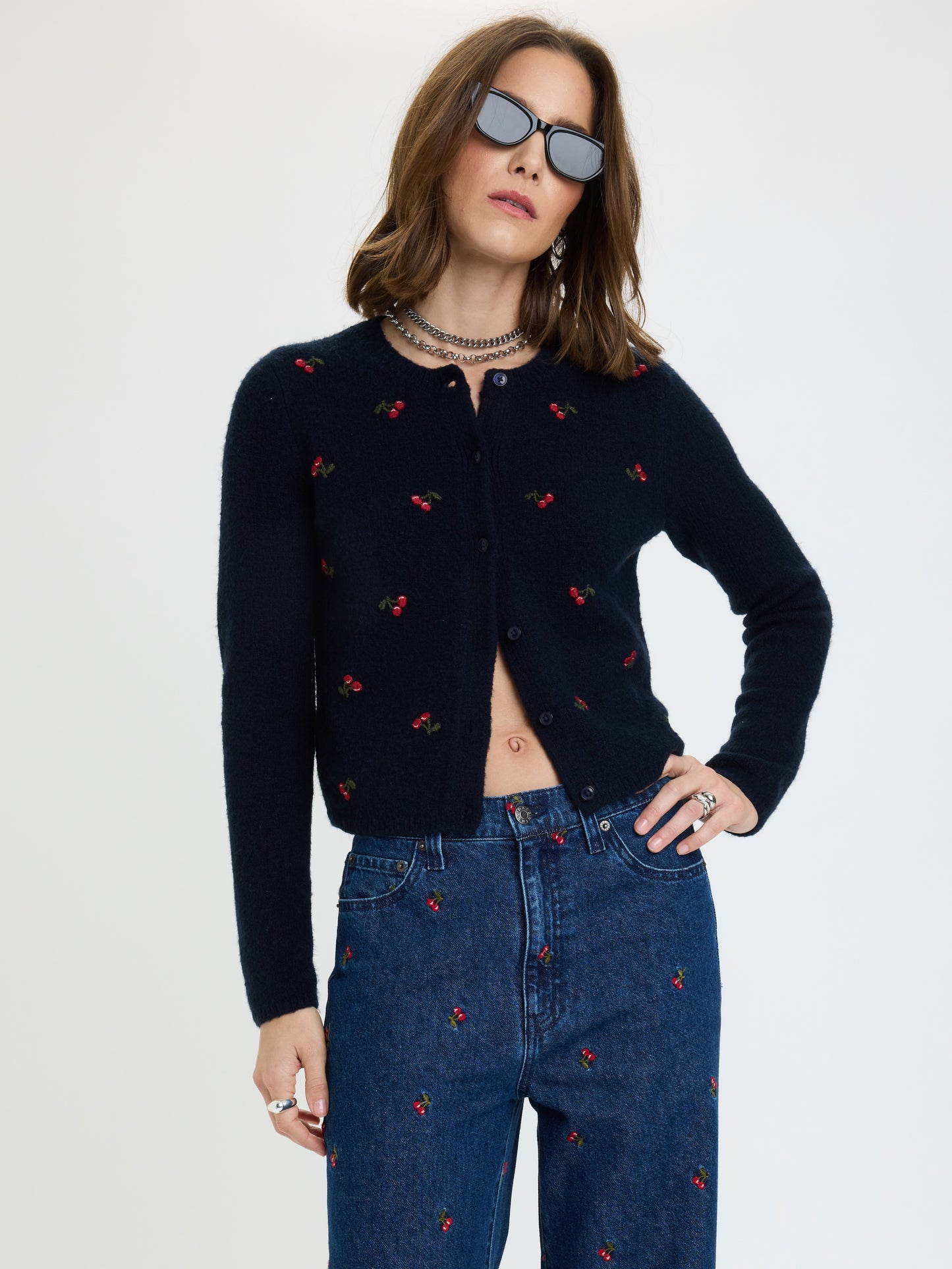 Muse Embroidered Fitted Cardigan in Cherry