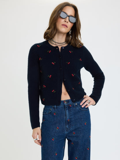 Muse Embroidered Fitted Cardigan in Cherry