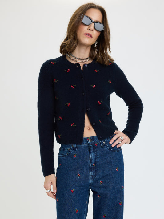 Muse Embroidered Fitted Cardigan in Cherry