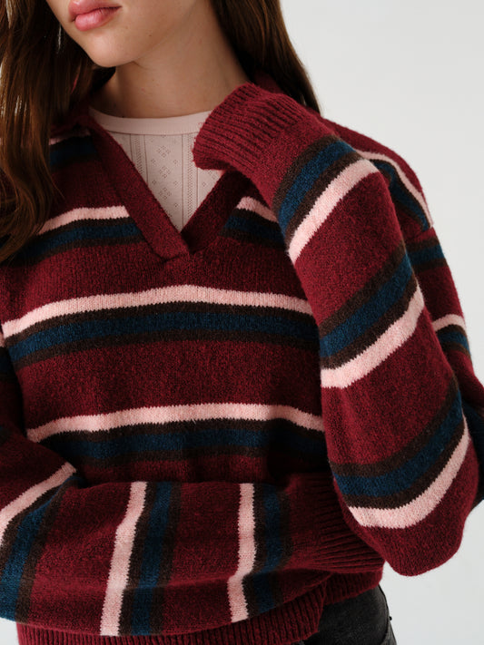 Lyric Collared Sweater in Bordeaux Stripe