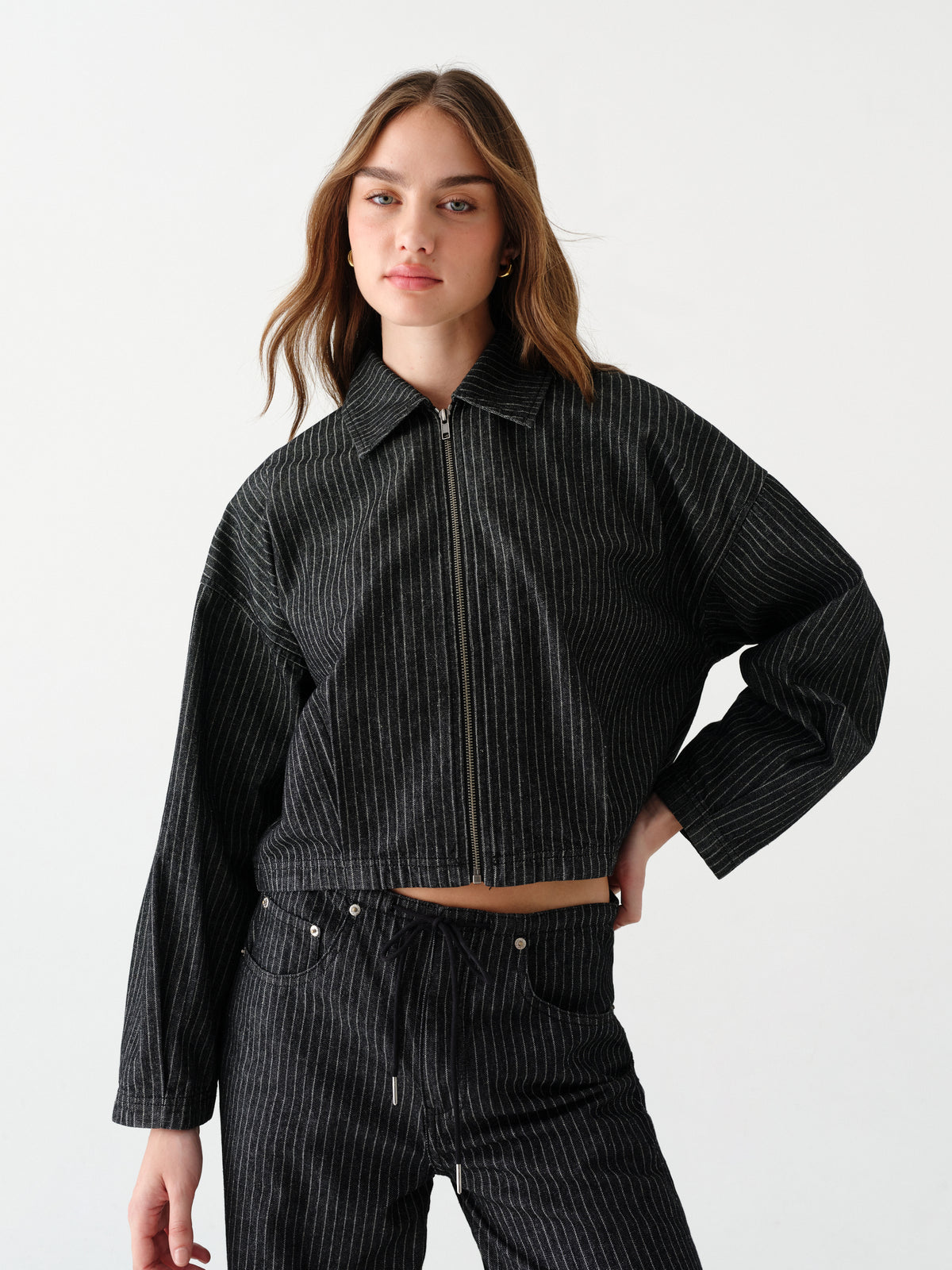 Lucky Bomber Jacket in Black Natural Pinstripe