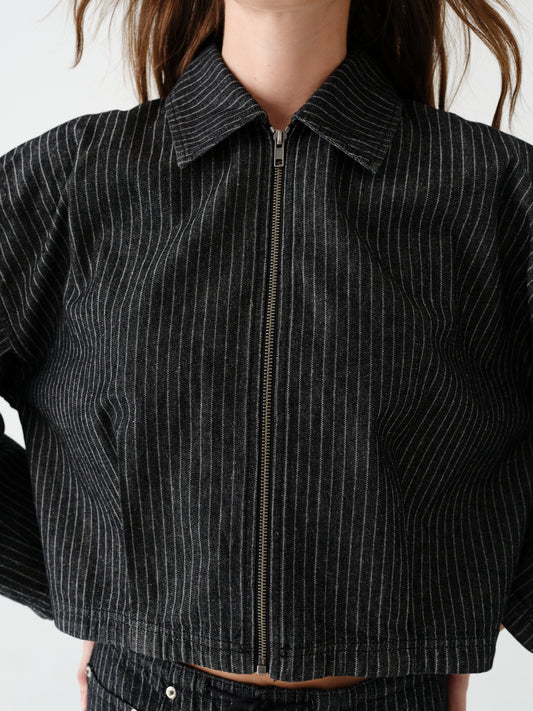 Lucky Bomber Jacket in Black Natural Pinstripe