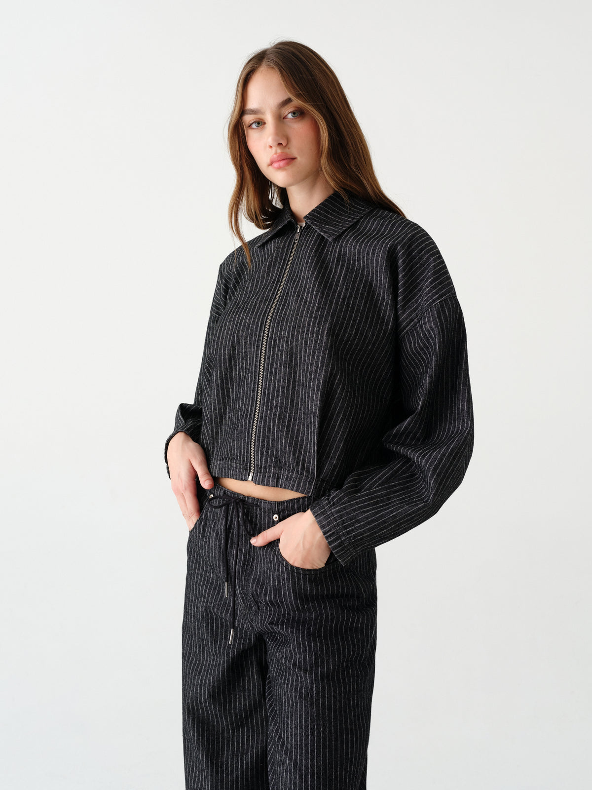 Lucky Bomber Jacket in Black Natural Pinstripe