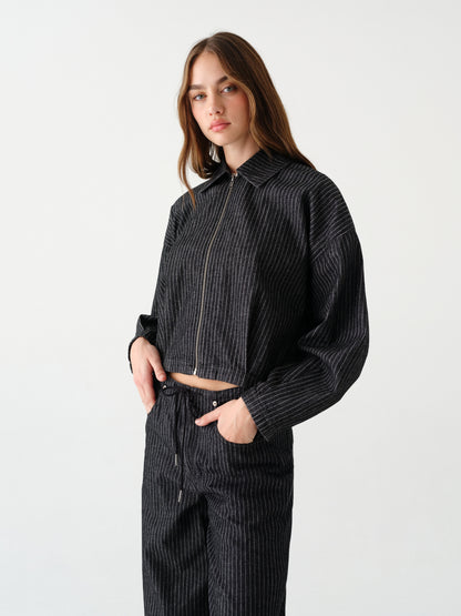 Lucky Bomber Jacket in Black Natural Pinstripe