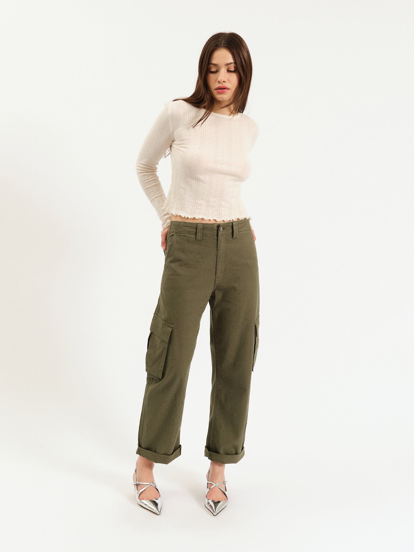 The Squad Cargo Pant in Bronze Green Embellished
