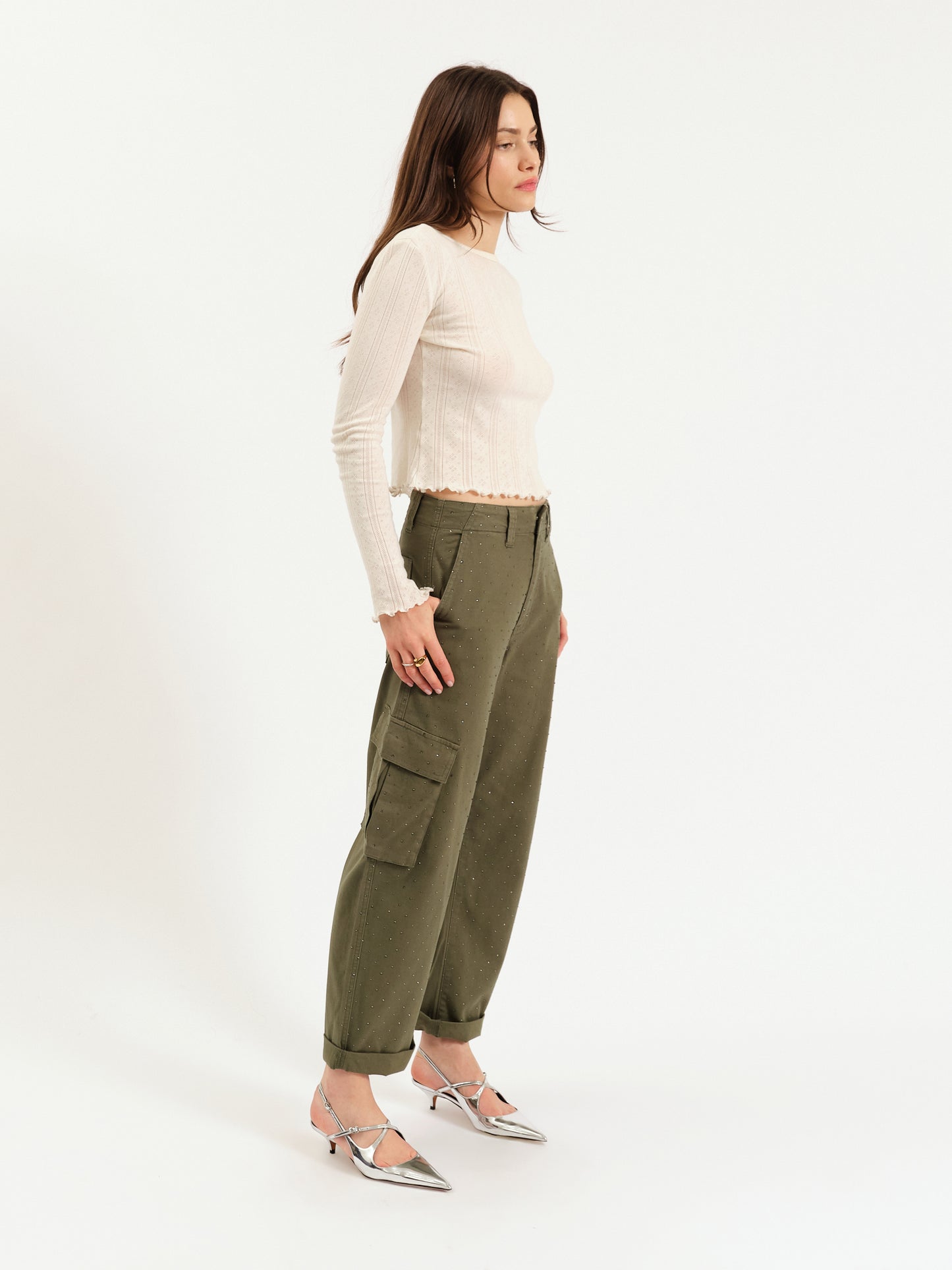 The Squad Cargo Pant in Bronze Green Embellished