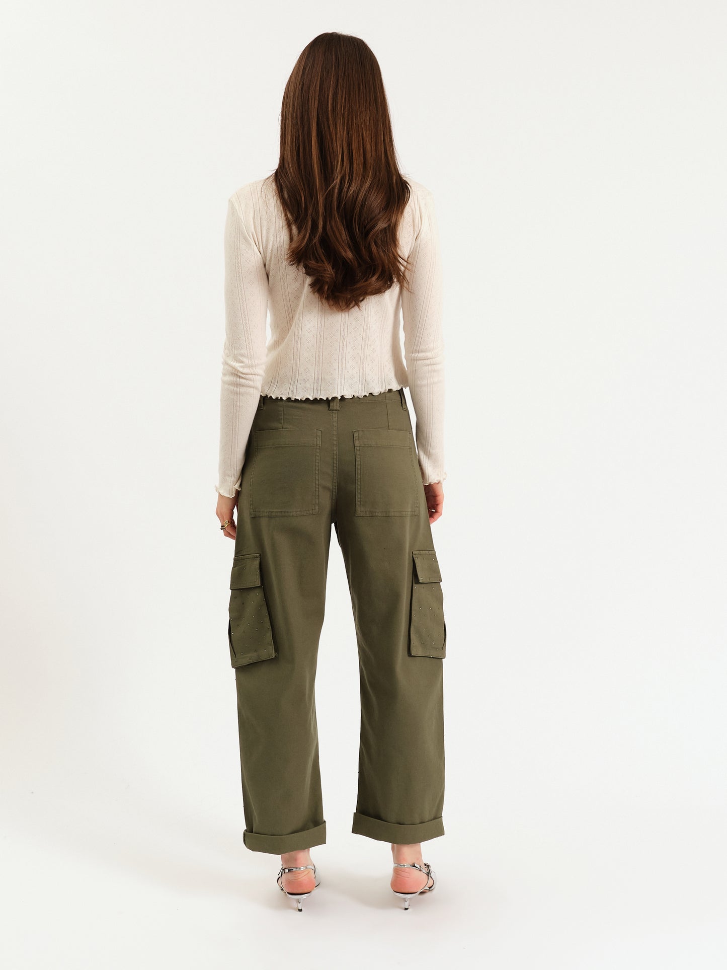 The Squad Cargo Pant in Bronze Green Embellished