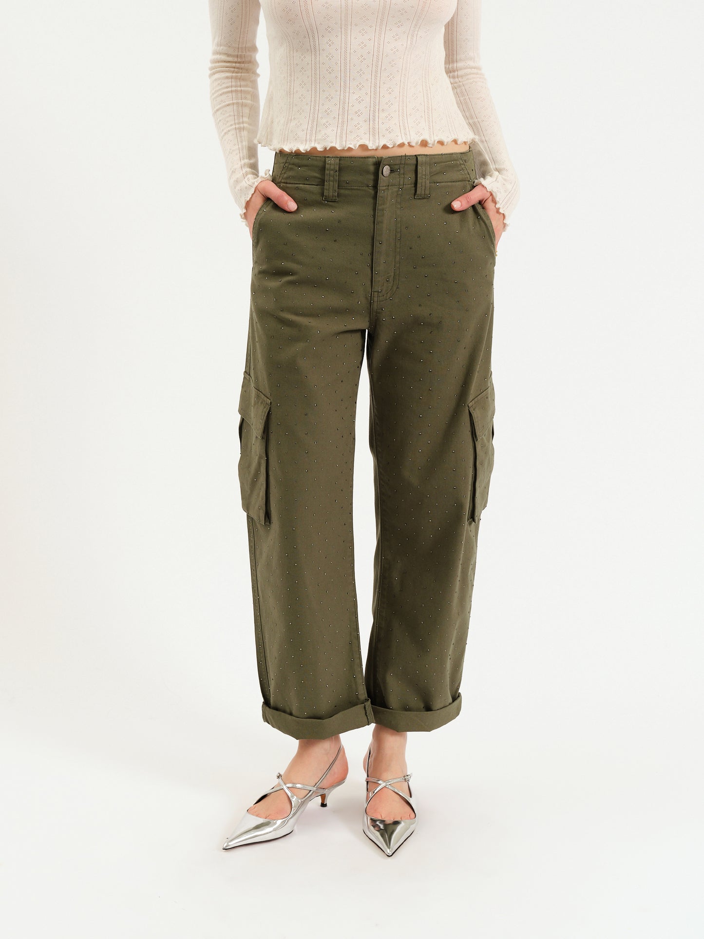 The Squad Cargo Pant in Bronze Green Embellished