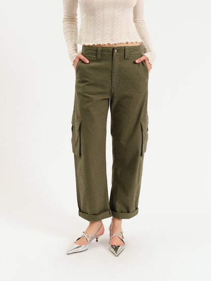 The Squad Cargo Pant in Bronze Green Embellished