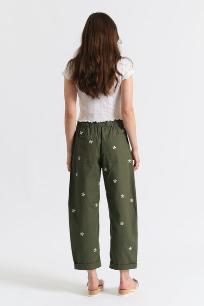 Villa Drawstring Barrel Leg Pant in Bronze Green Daisy