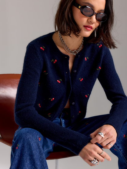 Muse Embroidered Fitted Cardigan in Cherry
