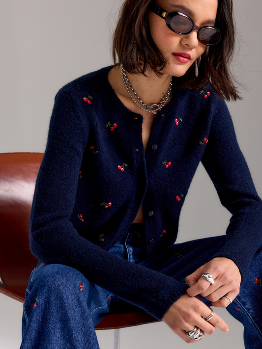Muse Embroidered Fitted Cardigan in Cherry